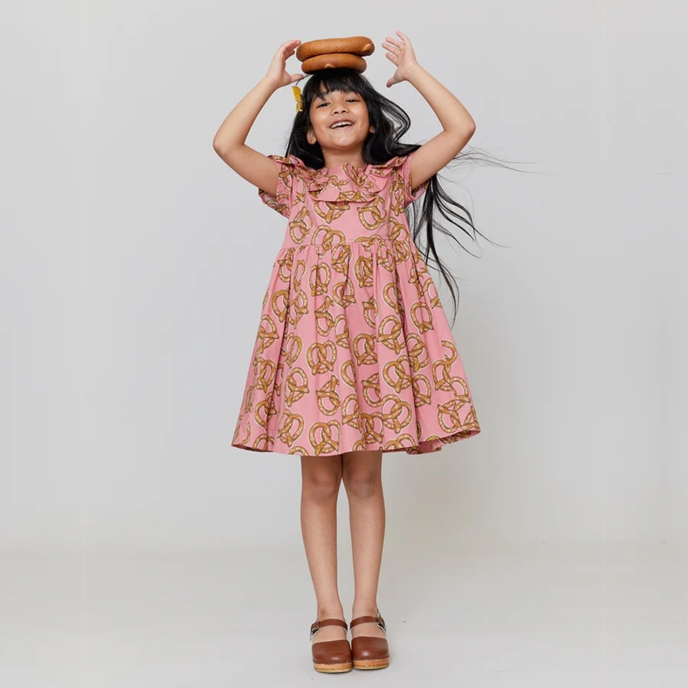 Pink Chicken Polly Dress “soft pretzels” print